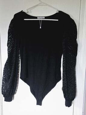 Mango Black Lace Sleeve Bodysuit XL Elegant Sheer Sleeve Top